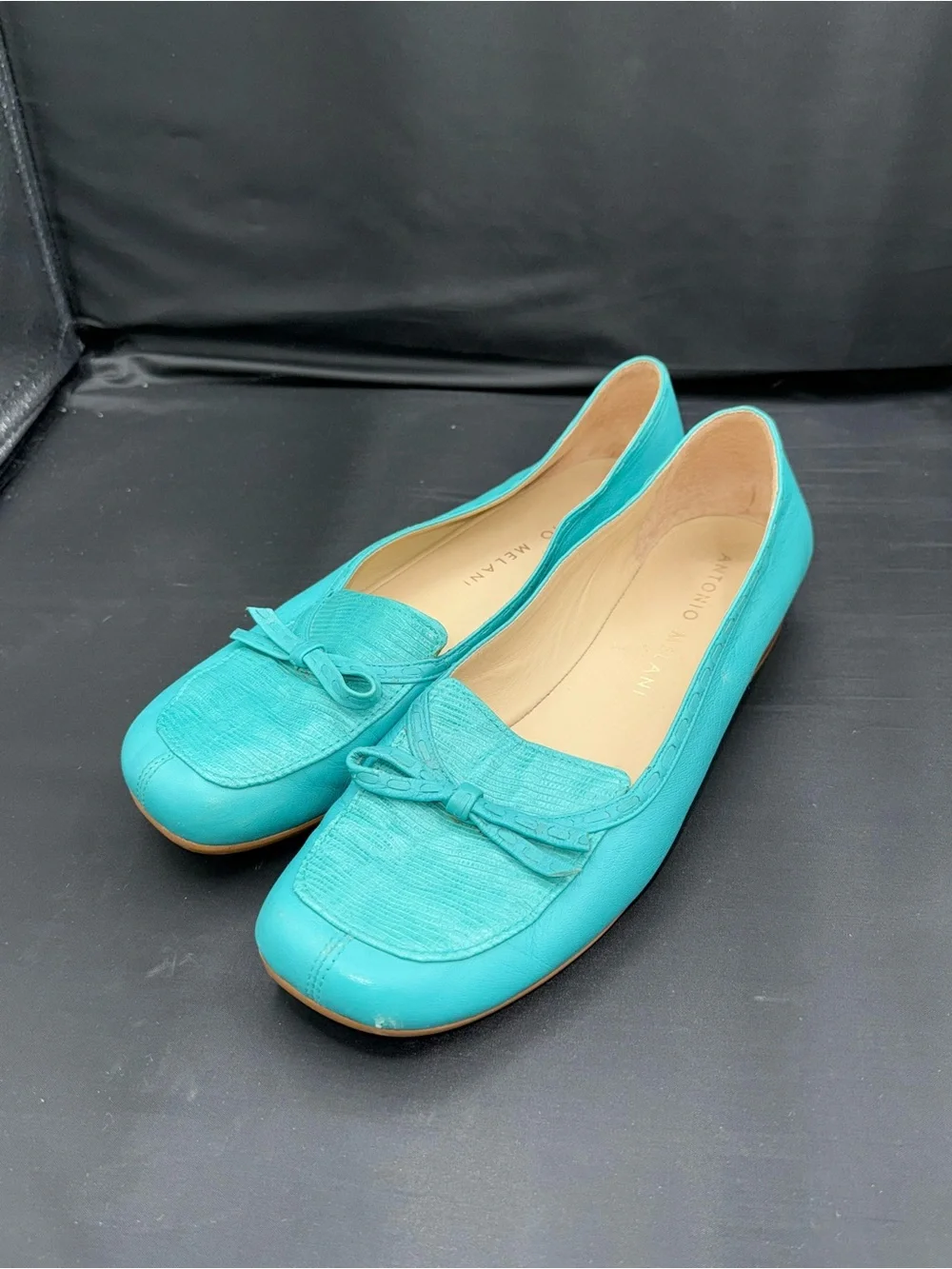 Antonio Melani Turquoise Leather Ballet Flats Coastal Grandmillennial Bow Sz 9